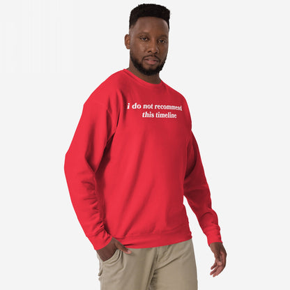 Man models the Timeline Hoodie & Sweatshirt featuring I do not recommend this timeline slogan, embodying sarcasm and dystopian critique. Styled with khaki pants, perfect for those embracing skepticism and wit.