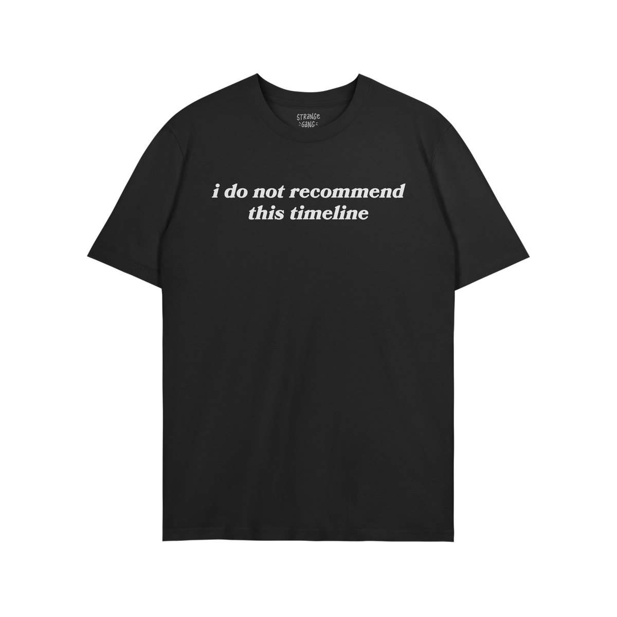 Timeline Shirt featuring bold white text, “i do not recommend this timeline,” on a plain black T-shirt, humorously expres
