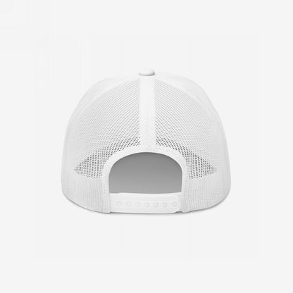 Back view of the Timeline Hat, a white mesh trucker cap with vintage-style embroidery reading I Do Not Recommend This Timeline, featuring a plastic snap closure for adjustable fit.