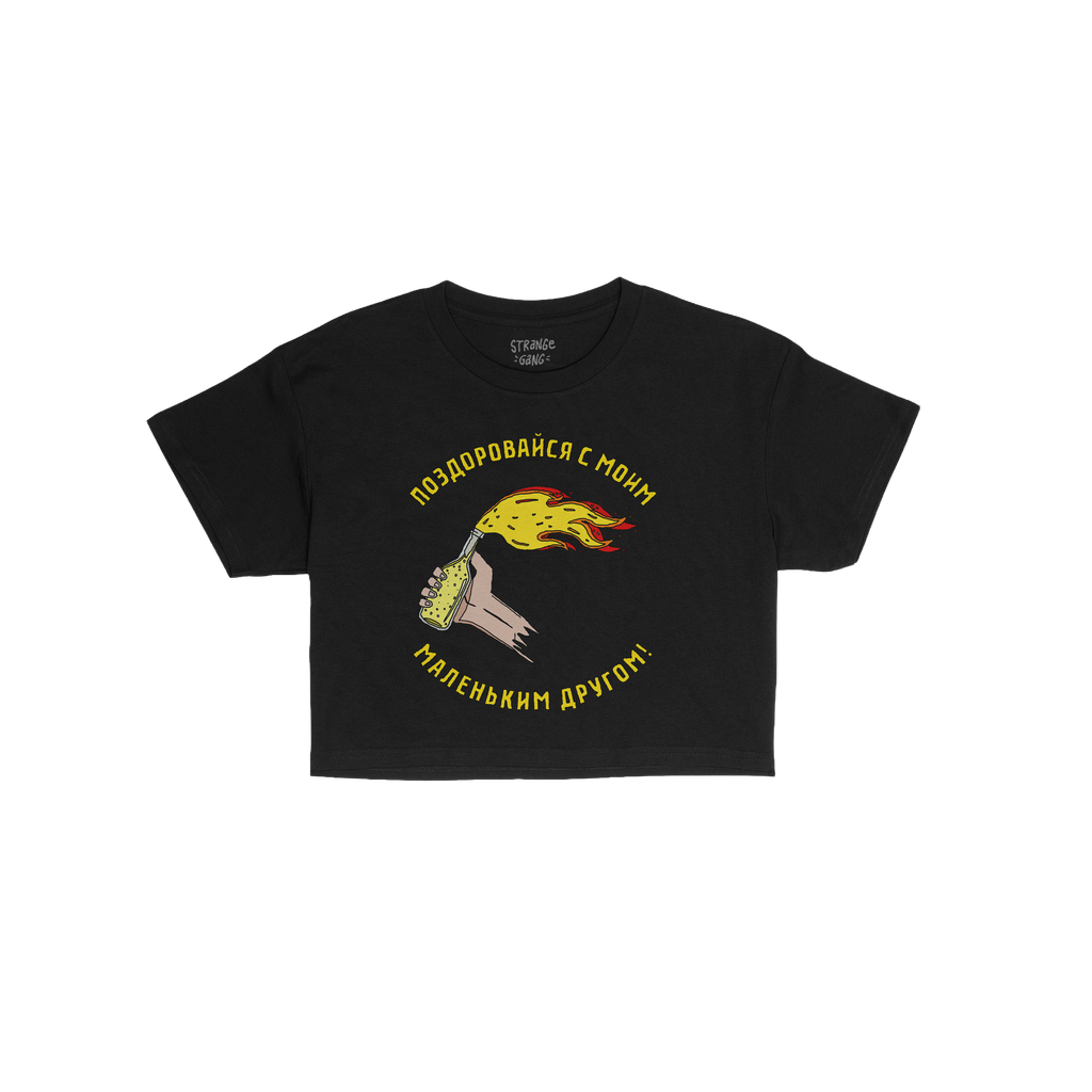 Say Hello Ukraine Women's Baby Tee features a cartoon hand throwing a flaming Molotov cocktail with Russian text, symbolizing