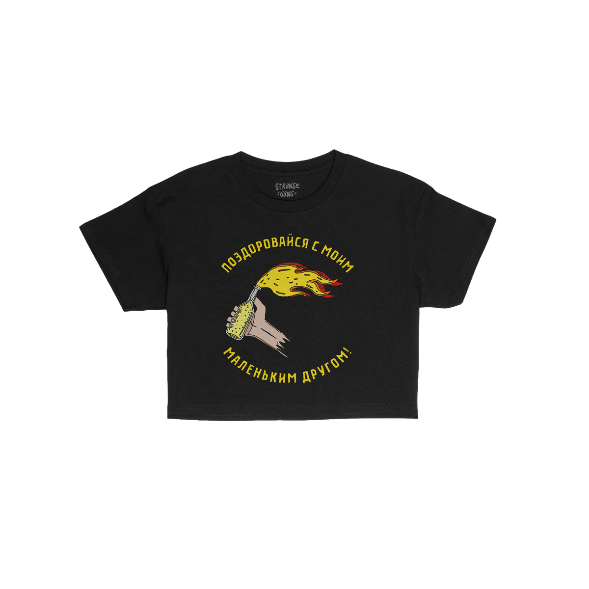 Say Hello Ukraine Women's Baby Tee features a cartoon hand throwing a flaming Molotov cocktail with Russian text, symbolizing