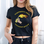 The Say Hello Ukraine Women's Baby Tee features a hand-drawn Molotov cocktail illustration with bold Russian text, symbolizing resistance and support for Ukraine's freedom, ideal for those championing democracy.