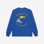 Blue long-sleeved shirt featuring a cartoon hand tossing a Molotov cocktail with flames, encircled by the Russian text “Say hello to my little friend!” A bold statement supporting Ukraine's resistance.