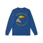 Blue long-sleeved shirt featuring a cartoon hand tossing a Molotov cocktail with flames, encircled by the Russian text “Say