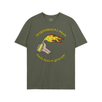 Say Hello Ukraine Shirt featuring a cartoonish graphic of a hand holding a flaming Molotov cocktail with Russian text, symbol