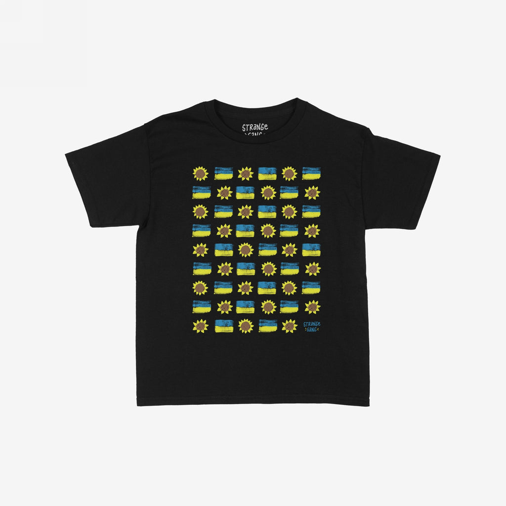 Ukraine Sunflowers Women's Baby Tee features a black short-sleeve design with a hand-drawn grid of sunflowers and blue-and-yellow bars, symbolizing resilience and support for Ukraine.