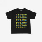 Ukraine Sunflowers Women's Baby Tee features a black short-sleeve design with a hand-drawn grid of sunflowers and blue-and-yellow bars, symbolizing resilience and support for Ukraine.