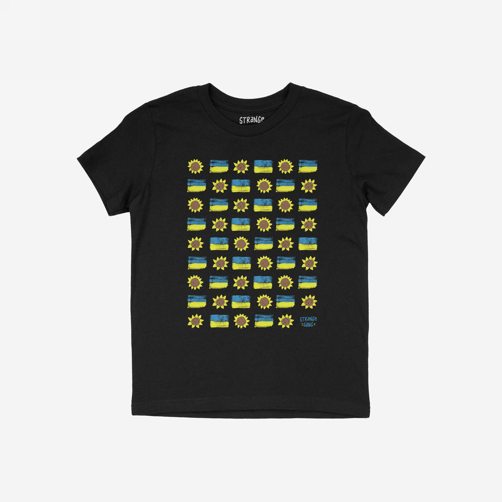Ukraine Sunflowers Shirt with a grid of sunflower icons and hand-painted blue-and-yellow stripes, symbolizing resilience and unity. A logo is in the lower right corner. Supports Razom For Ukraine.
