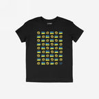 Ukraine Sunflowers Shirt with a grid of sunflower icons and hand-painted blue-and-yellow stripes, symbolizing resilience and unity. A logo is in the lower right corner. Supports Razom For Ukraine.