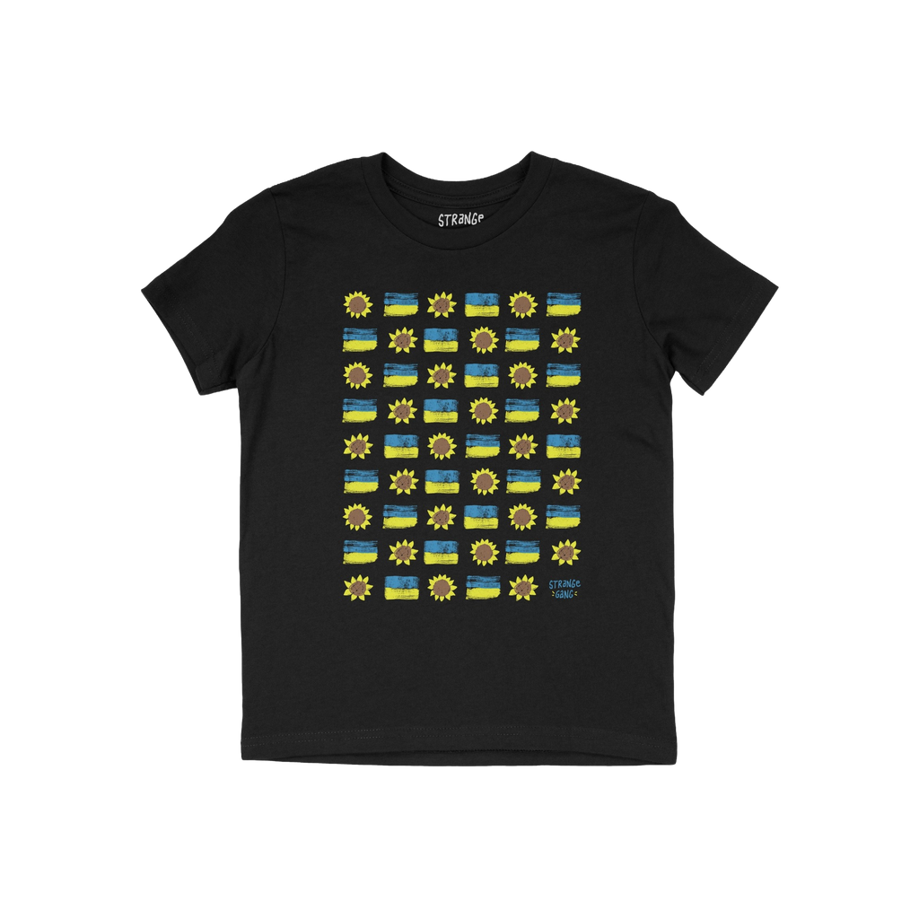 Ukraine Sunflowers Shirt with a grid of sunflower icons and hand-painted blue-and-yellow stripes, symbolizing resilience and