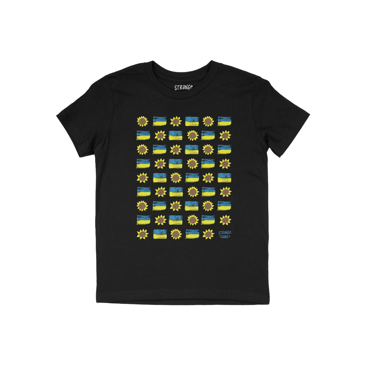 Ukraine Sunflowers Shirt with a grid of sunflower icons and hand-painted blue-and-yellow stripes, symbolizing resilience and