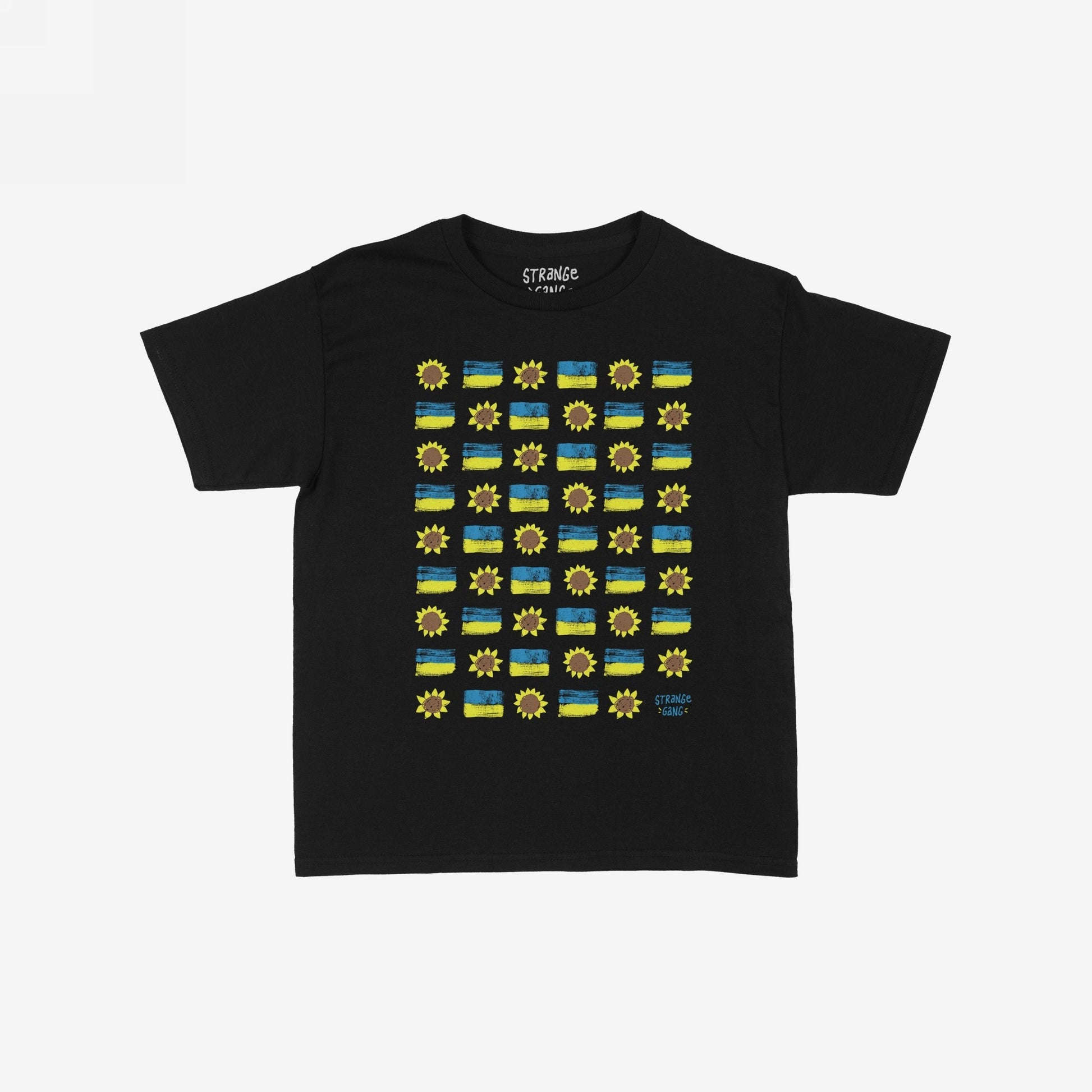 Ukraine Sunflowers T-shirt featuring a grid of hand-painted Ukrainian flags and sunflowers, symbolizing resilience and unity. The design includes a small artist's signature at the bottom right.