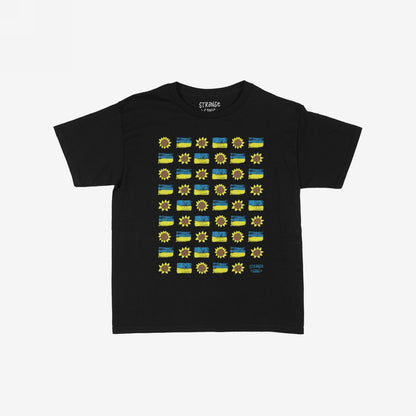 Ukraine Sunflowers T-shirt featuring a grid of hand-painted Ukrainian flags and sunflowers, symbolizing resilience and unity. The design includes a small artist's signature at the bottom right.