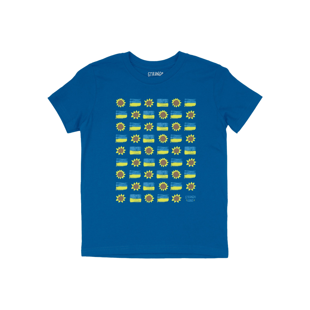 Ukraine Sunflowers Shirt featuring a 6x6 grid of yellow-and-blue blocks and sunflower icons, symbolizing resilience and unity