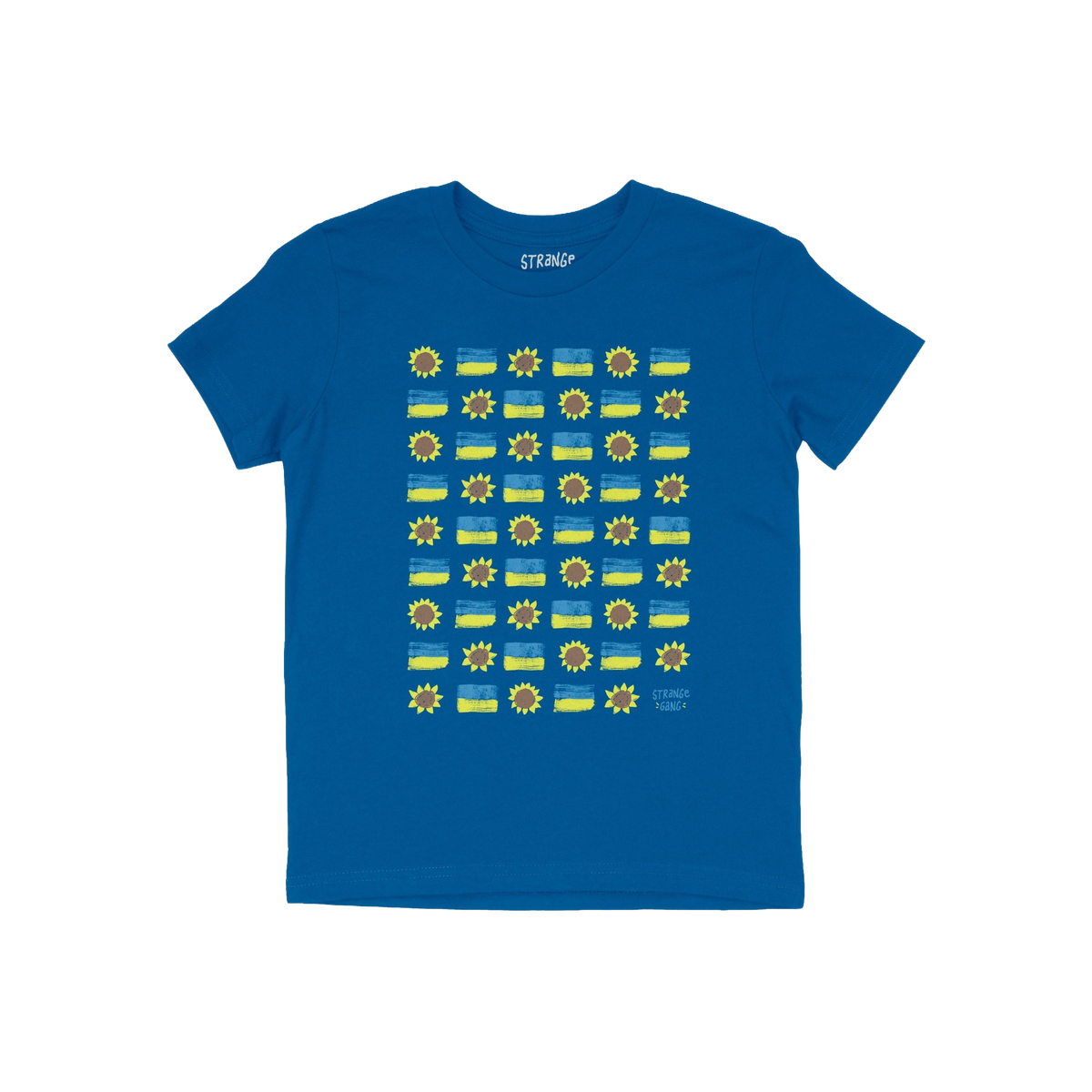 Ukraine Sunflowers Shirt featuring a 6x6 grid of yellow-and-blue blocks and sunflower icons, symbolizing resilience and unity