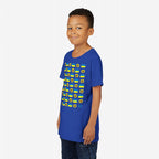 Young boy wearing the Ukraine Sunflowers Shirt, featuring a vibrant pattern of sunflowers and flags, symbolizing resilience and unity. Perfect for supporting Ukraine's freedom and promoting peace.