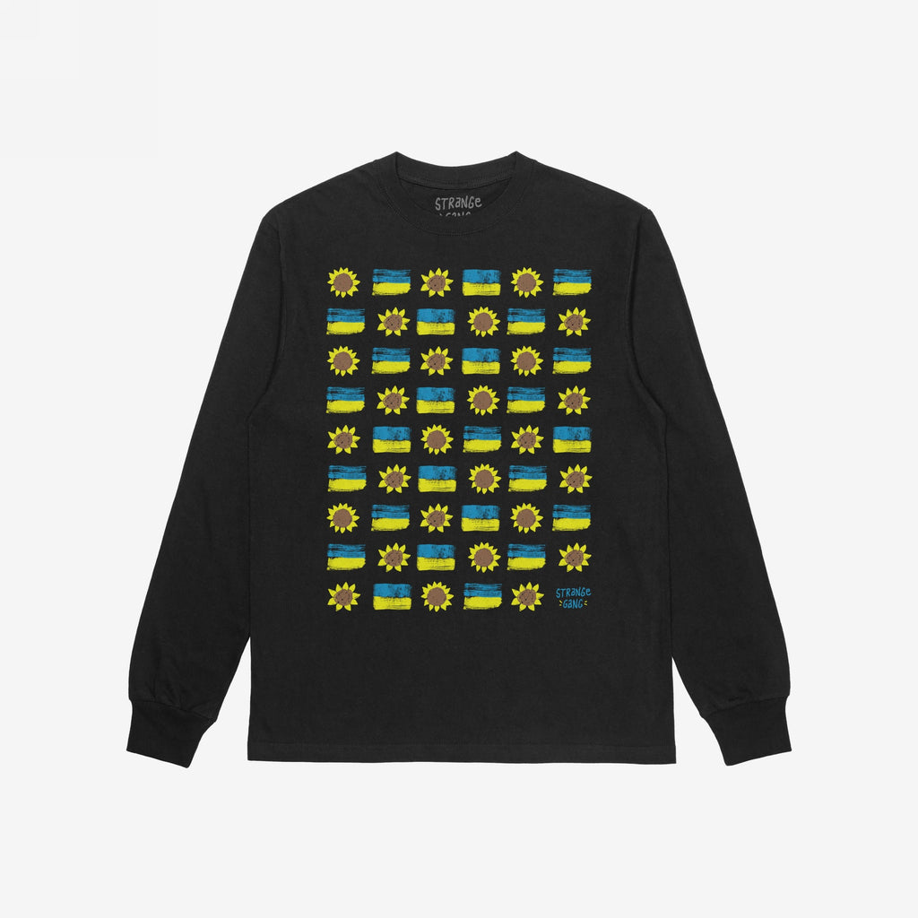 Black long-sleeve Ukraine Sunflowers Shirt featuring a grid of sunflowers and blue-yellow flag-like bars, symbolizing resilience and unity, with a small logo in the corner. Supports Ukraine's freedom.