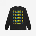 Black long-sleeve Ukraine Sunflowers Shirt featuring a grid of sunflowers and blue-yellow flag-like bars, symbolizing resilience and unity, with a small logo in the corner. Supports Ukraine's freedom.