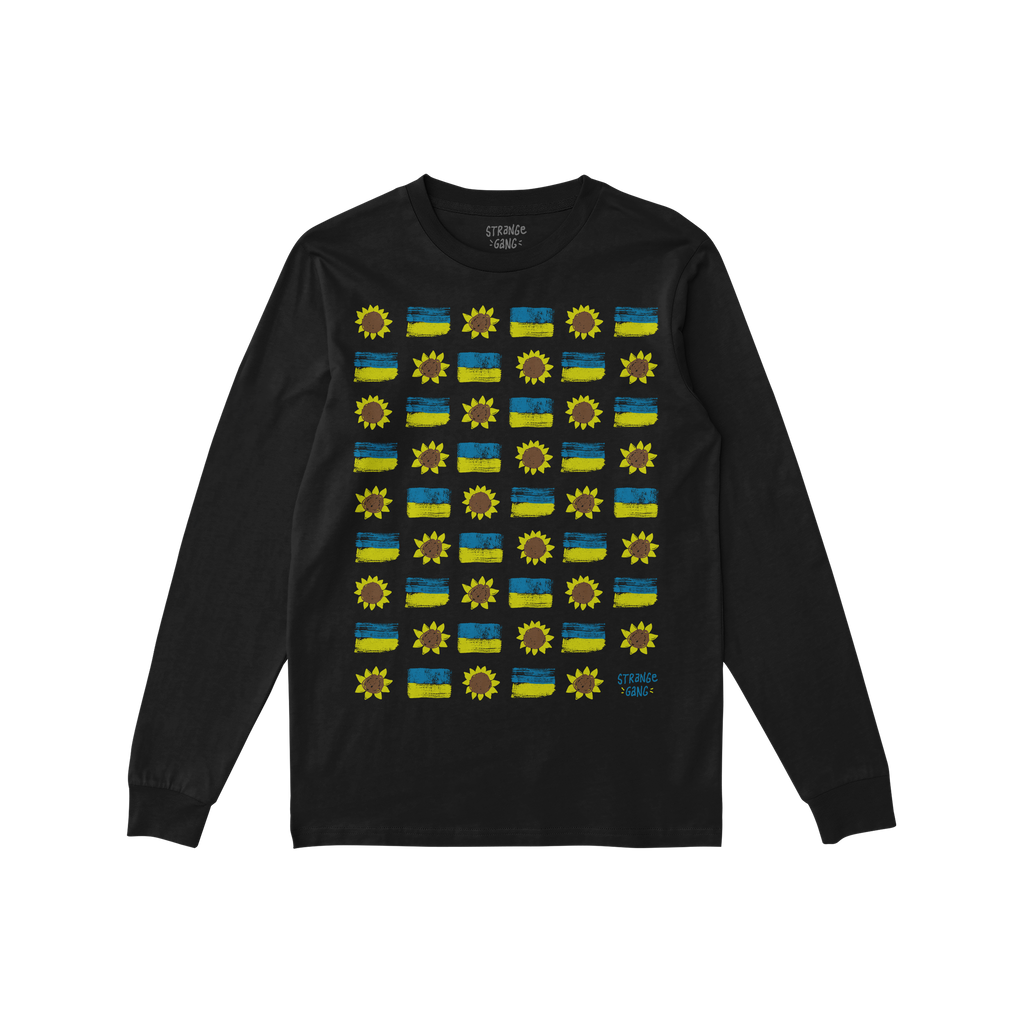 Black long-sleeve Ukraine Sunflowers Shirt featuring a grid of sunflowers and blue-yellow flag-like bars, symbolizing resilie