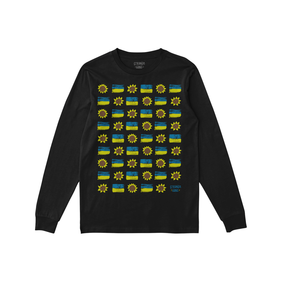Black long-sleeve Ukraine Sunflowers Shirt featuring a grid of sunflowers and blue-yellow flag-like bars, symbolizing resilie