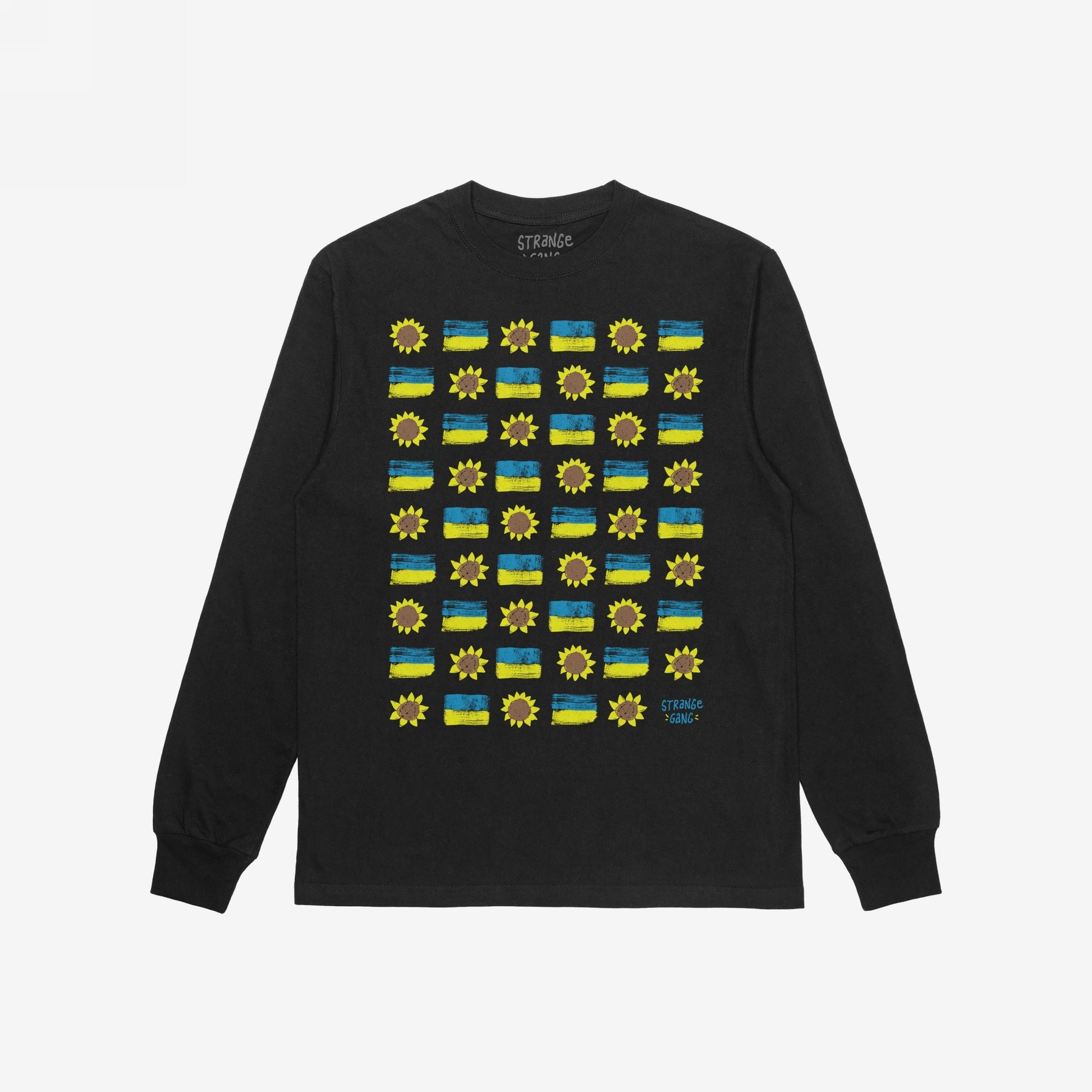 Ukraine Sunflowers T-shirt featuring a 7x7 grid of stylized sunflowers and Ukrainian flags, symbolizing resilience and unity. Includes a small logo in the bottom right corner.