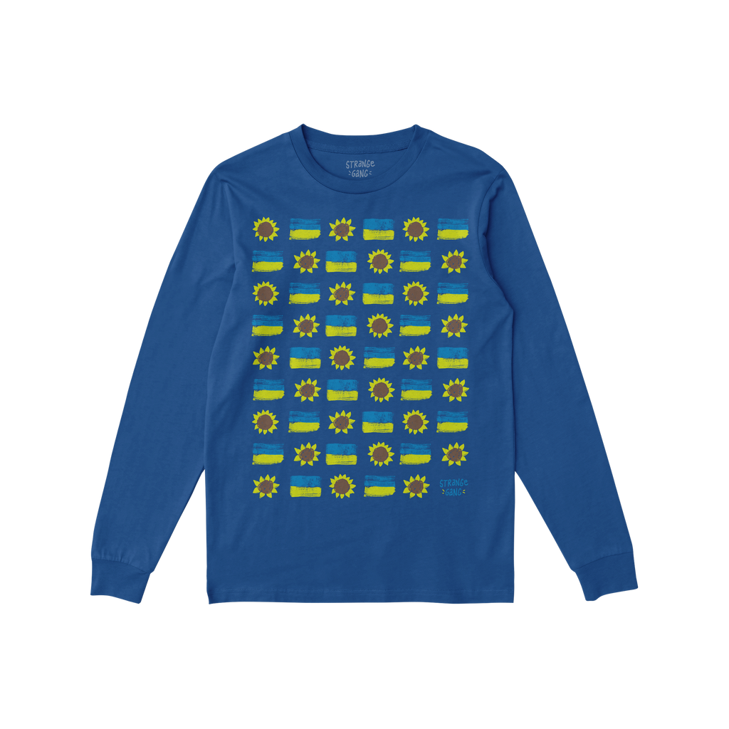 Ukraine Sunflowers Shirt: This cobalt-blue, long-sleeve shirt features hand-drawn sunflowers and blue-yellow flag motifs, sym