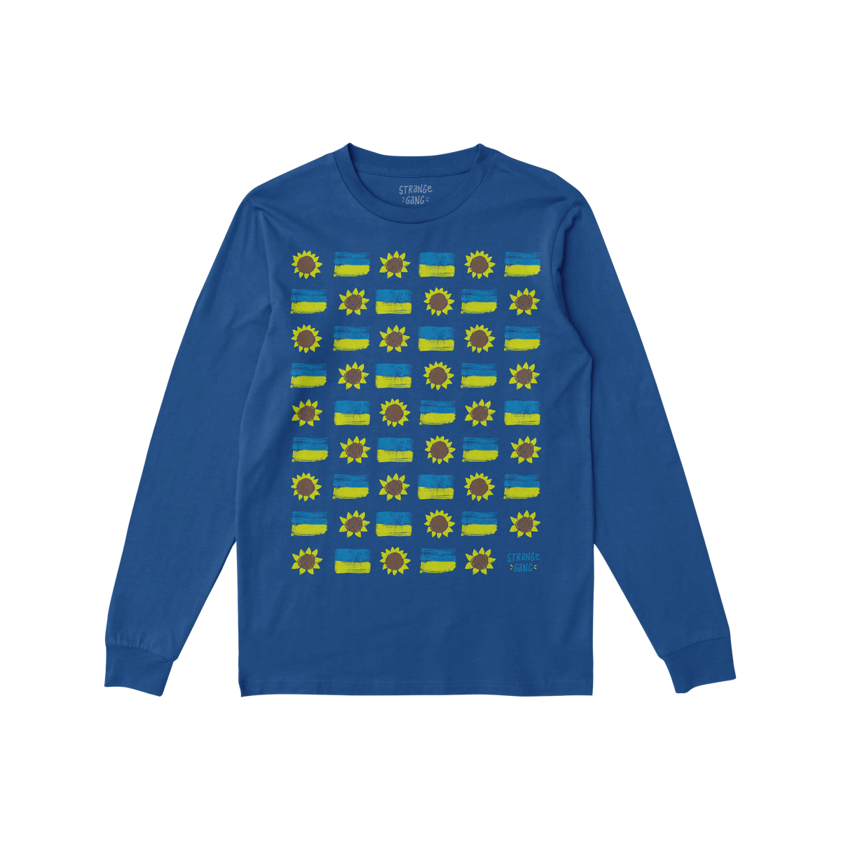 Ukraine Sunflowers Shirt: This cobalt-blue, long-sleeve shirt features hand-drawn sunflowers and blue-yellow flag motifs, sym