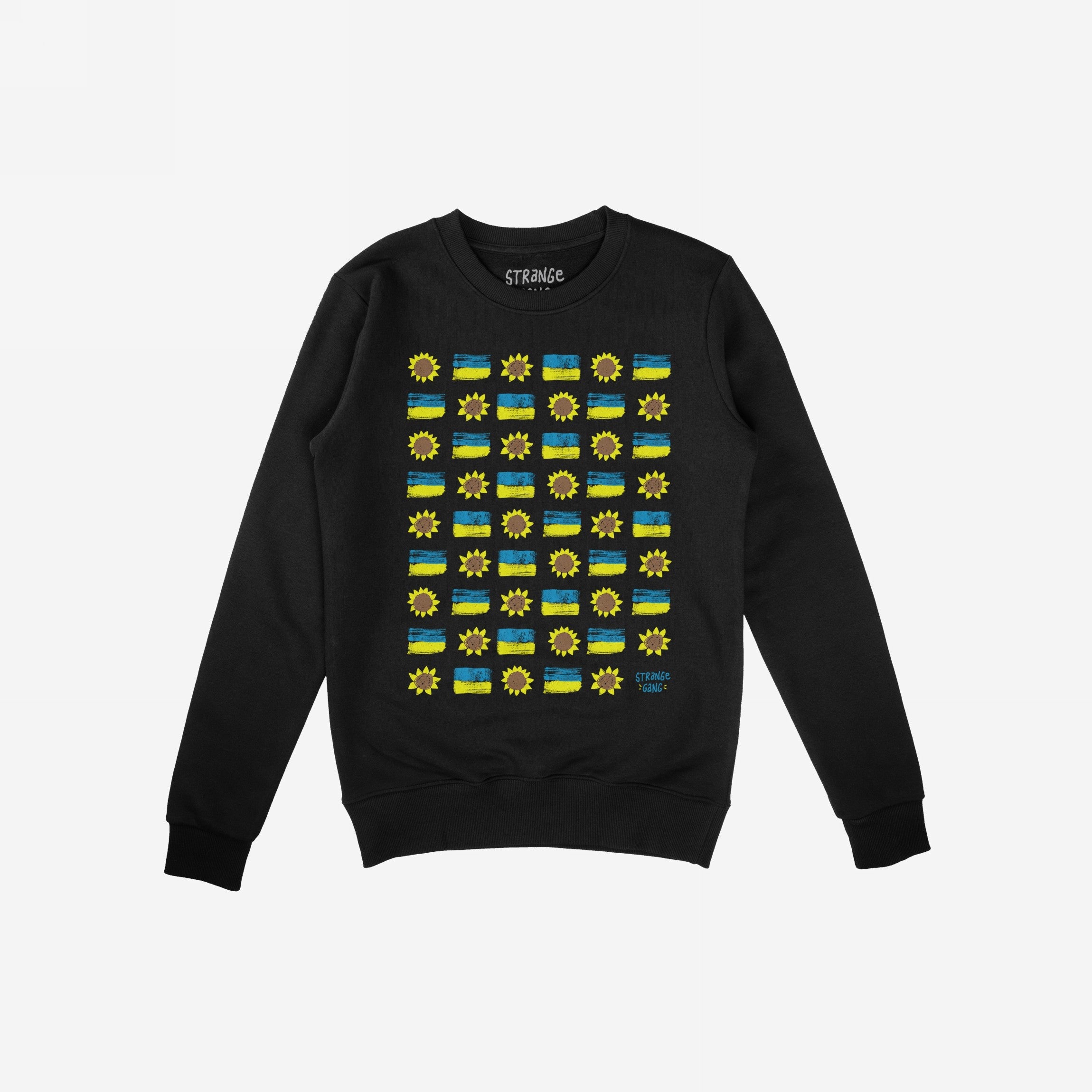 Ukraine Sunflowers Shirt features a grid of sunflowers and Ukrainian flags, symbolizing resilience and unity. This black crewneck sweatshirt embodies support for Ukraine's freedom and resistance.