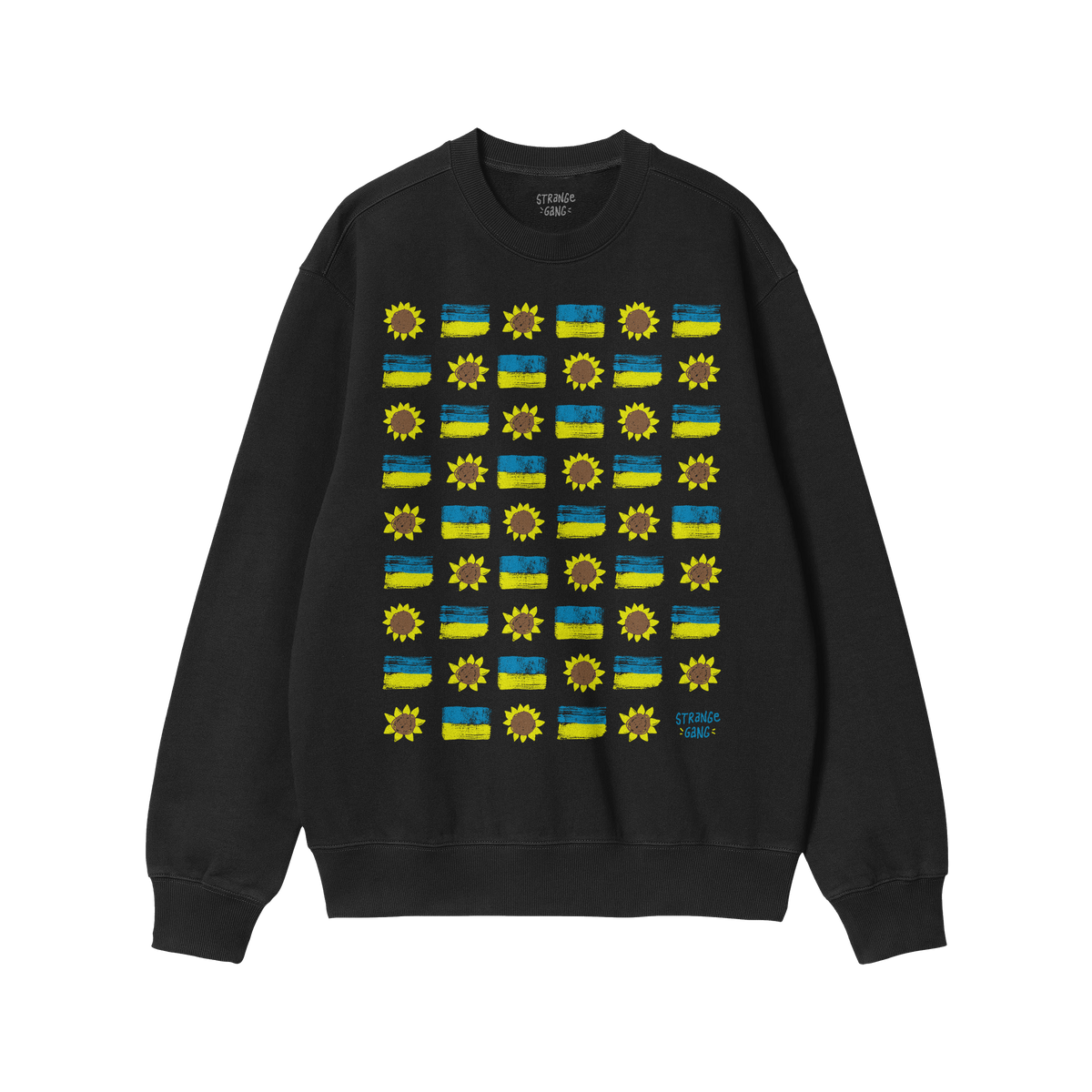 Ukraine Sunflowers Shirt features a grid of sunflowers and Ukrainian flags, symbolizing resilience and unity. This black crew