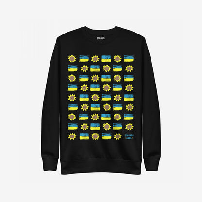 Ukraine Sunflowers Sweatshirt featuring a grid of stylized sunflowers and Ukrainian flag-inspired rectangles, accented by small logo text. Represents unity and resilience, embodying support for Ukraine's freedom.