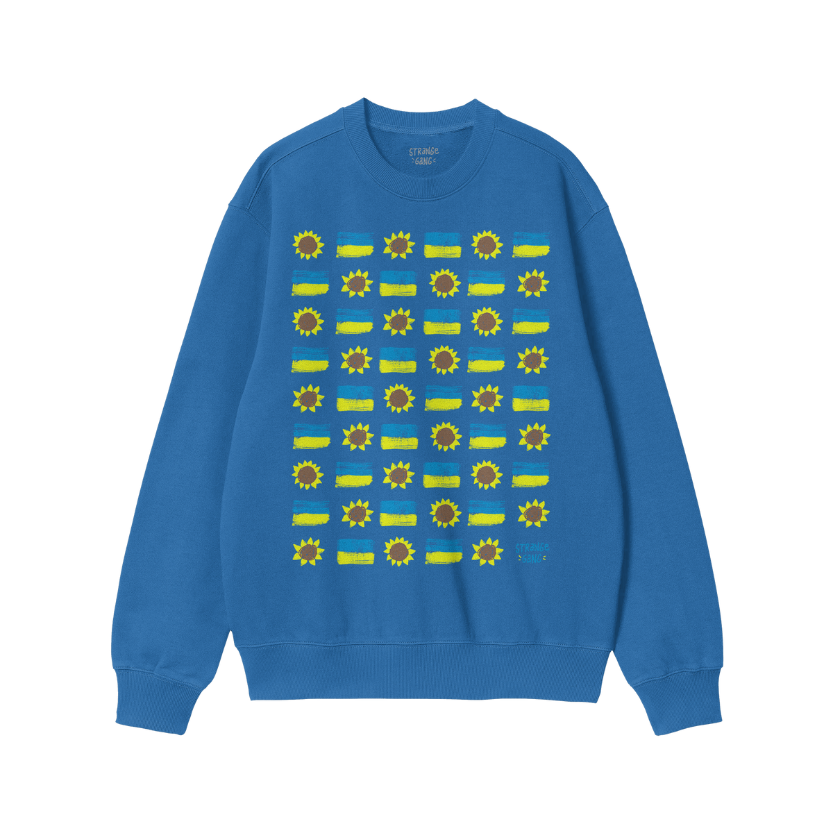 Ukraine Sunflowers Shirt featuring a royal-blue crewneck design with a grid of sunflowers and yellow-blue stripe blocks, symb