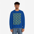 Young man models the Ukraine Sunflowers Shirt, a bright blue sweatshirt featuring a grid of yellow sunflowers and blue brush strokes, symbolizing resilience and unity in support of Ukraine's freedom.