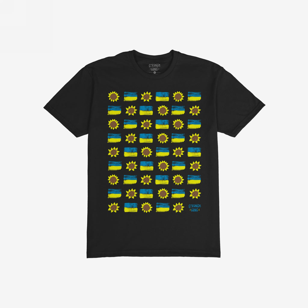 Ukraine Sunflowers Shirt featuring a grid of stylized sunflowers and Ukrainian flags, symbolizing resilience and unity. The design reflects solidarity with Ukraine, emphasizing hope and support in challenging times.