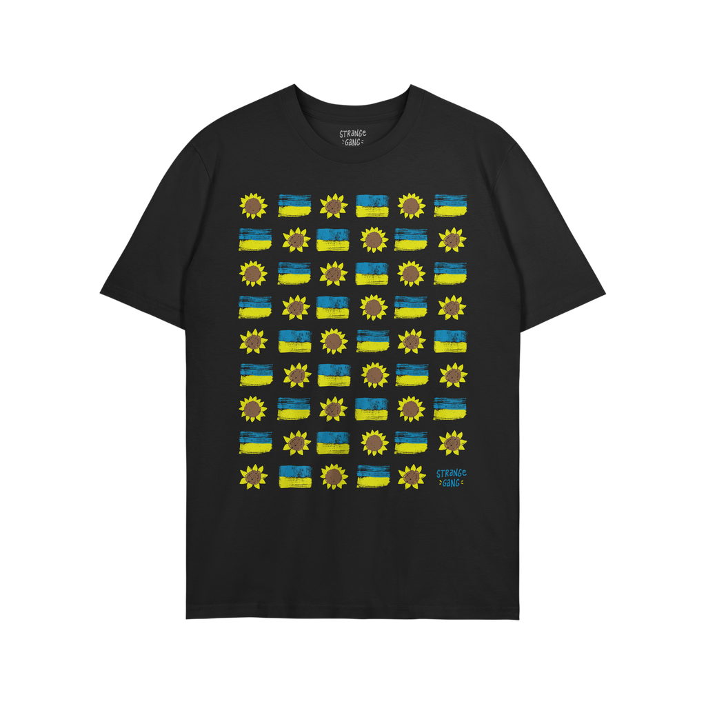 Ukraine Sunflowers Shirt featuring a grid of stylized sunflowers and Ukrainian flags, symbolizing resilience and unity. The d
