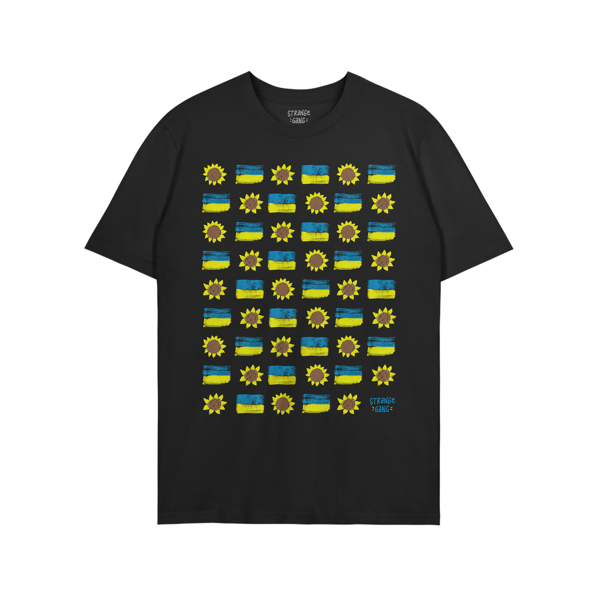 Ukraine Sunflowers Shirt featuring a grid of stylized sunflowers and Ukrainian flags, symbolizing resilience and unity. The d