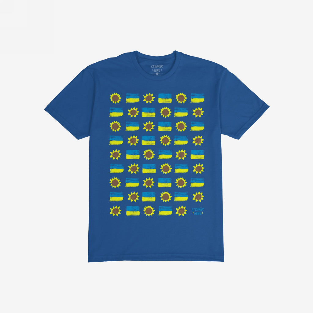 Ukraine Sunflowers Shirt featuring a royal-blue grid pattern with alternating stylized sunflowers and Ukrainian flags, symbolizing resilience and unity. Part of an empowering collection supporting Ukraine's fight for freedom.