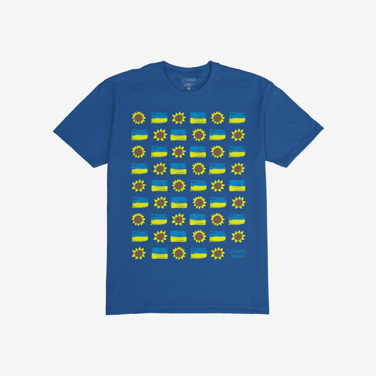 Ukraine Sunflowers T-shirt showcases hand-drawn sunflowers and yellow-blue flags, symbolizing resilience and unity. The design includes a small logo, capturing a bold, artistic stance for peace and resistance.