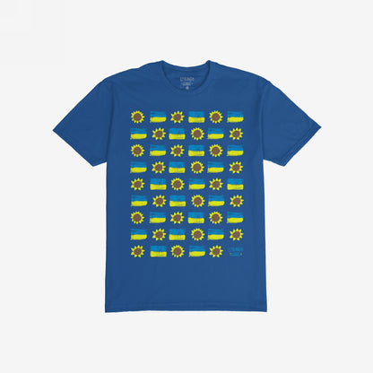 Ukraine Sunflowers T-shirt showcases hand-drawn sunflowers and yellow-blue flags, symbolizing resilience and unity. The design includes a small logo, capturing a bold, artistic stance for peace and resistance.