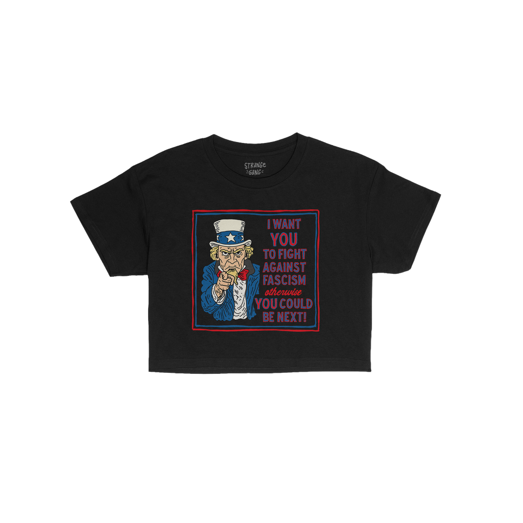 Anti-Fascist Uncle Sam Women's Baby Tee featuring a bold graphic of Uncle Sam urging resistance against fascism with the mess