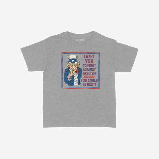 Anti-Fascist Uncle Sam Women's Baby Tee featuring a hand-drawn Uncle Sam urging resistance against fascism, with bold lettering emphasizing activism. The design echoes vintage propaganda with a direct, impactful message.
