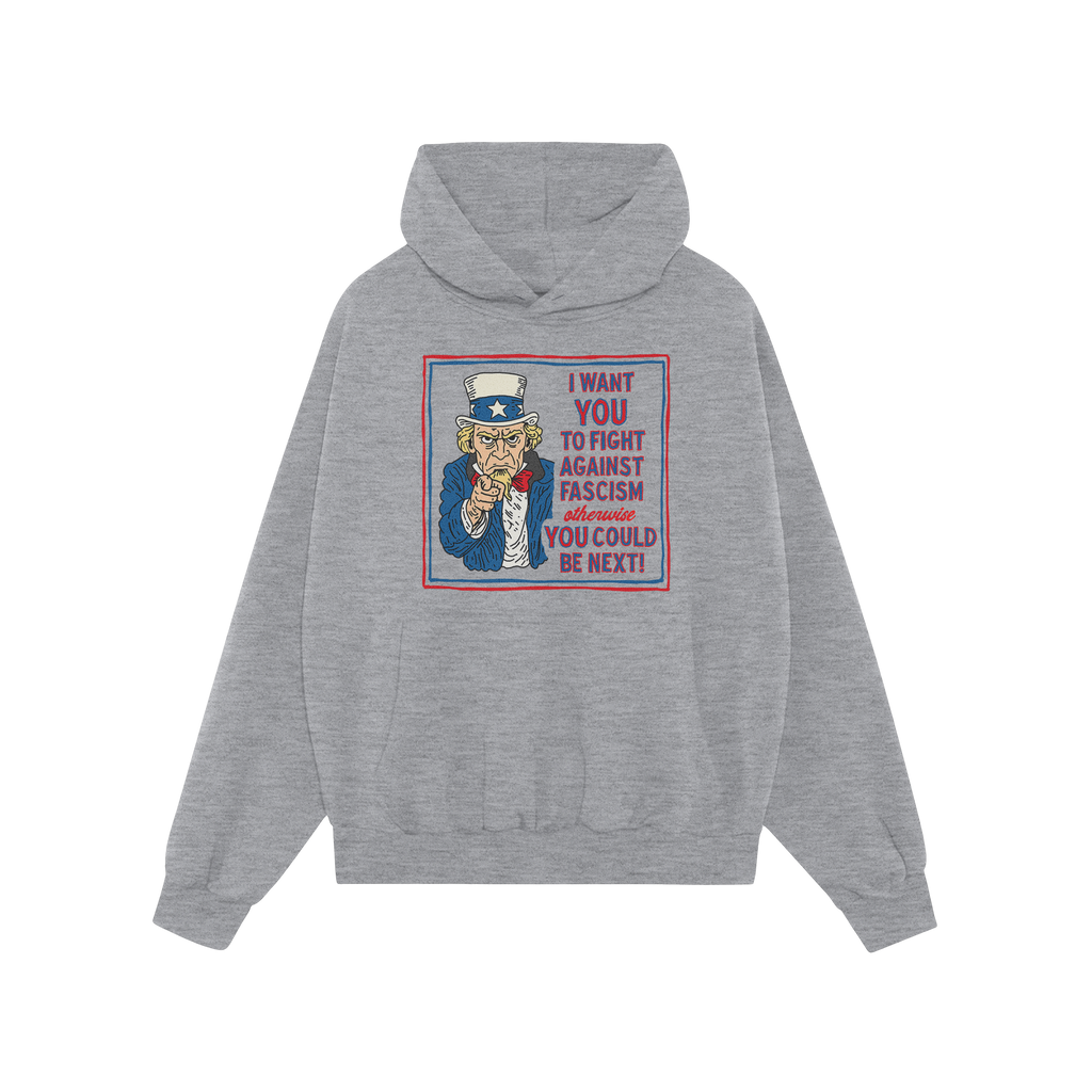 Light-gray pullover hoodie featuring the Anti Fascist Uncle Sam Shirt design, with Uncle Sam pointing and text urging resista