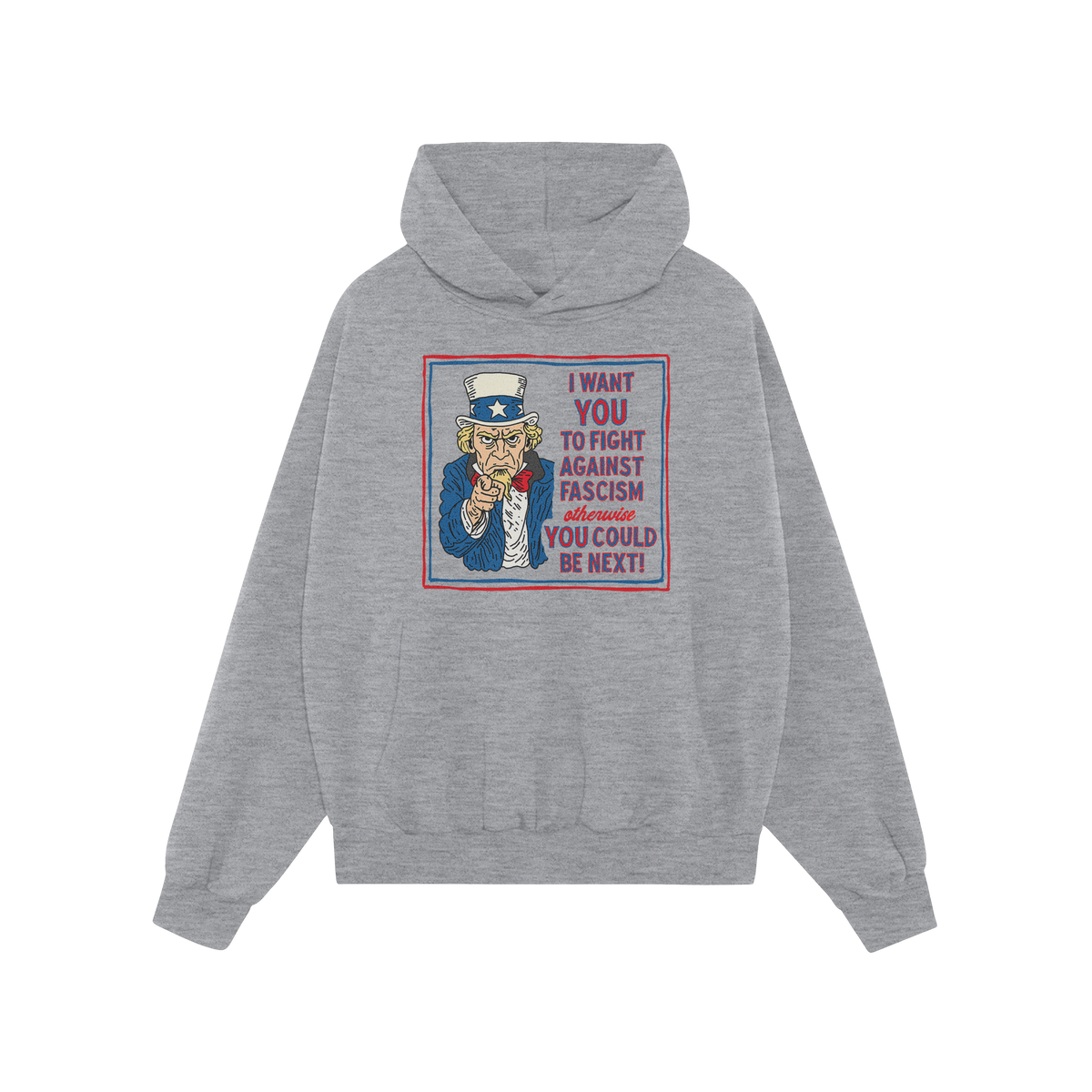 Light-gray pullover hoodie featuring the Anti Fascist Uncle Sam Shirt design, with Uncle Sam pointing and text urging resista