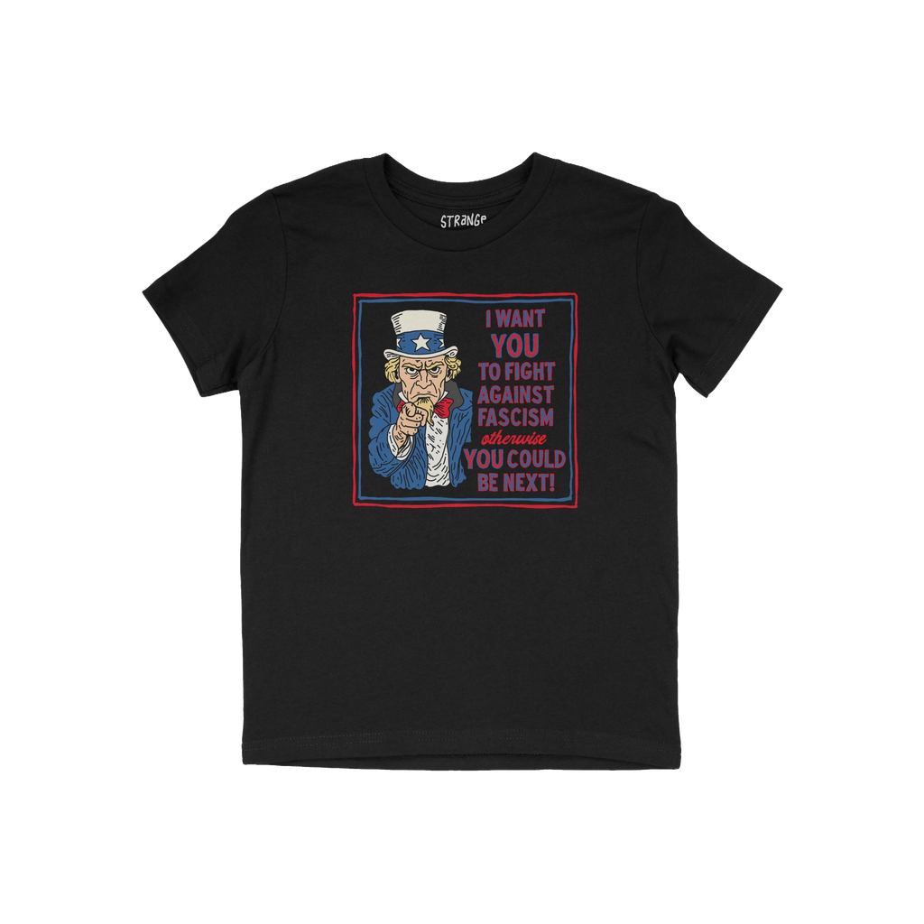 Anti Fascist Uncle Sam Shirt featuring a bold graphic of Uncle Sam pointing, with the message: I want YOU to fight against fa