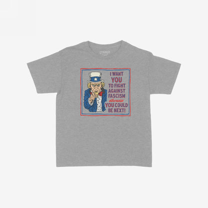 Anti-Fascist Uncle Sam T-shirt featuring Uncle Sam pointing with a bold message: “Fight against fascism—YOU could be next!” A striking design urging activism, available in men's, unisex, and kids' sizes.