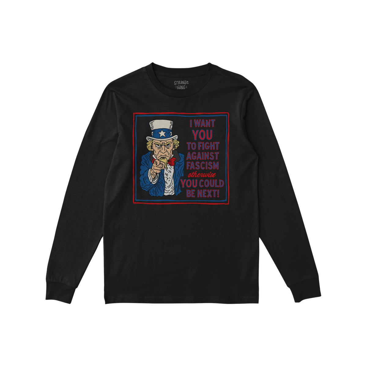 Anti Fascist Uncle Sam Shirt featuring a stylized Uncle Sam pointing, paired with a bold message against fascism. Vintage pos
