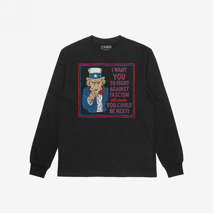Anti-Fascist Uncle Sam T-shirt featuring a bold graphic of Uncle Sam urging viewers to fight against fascism with the phrase I want YOU to fight against fascism. Otherwise, YOU could be next!.