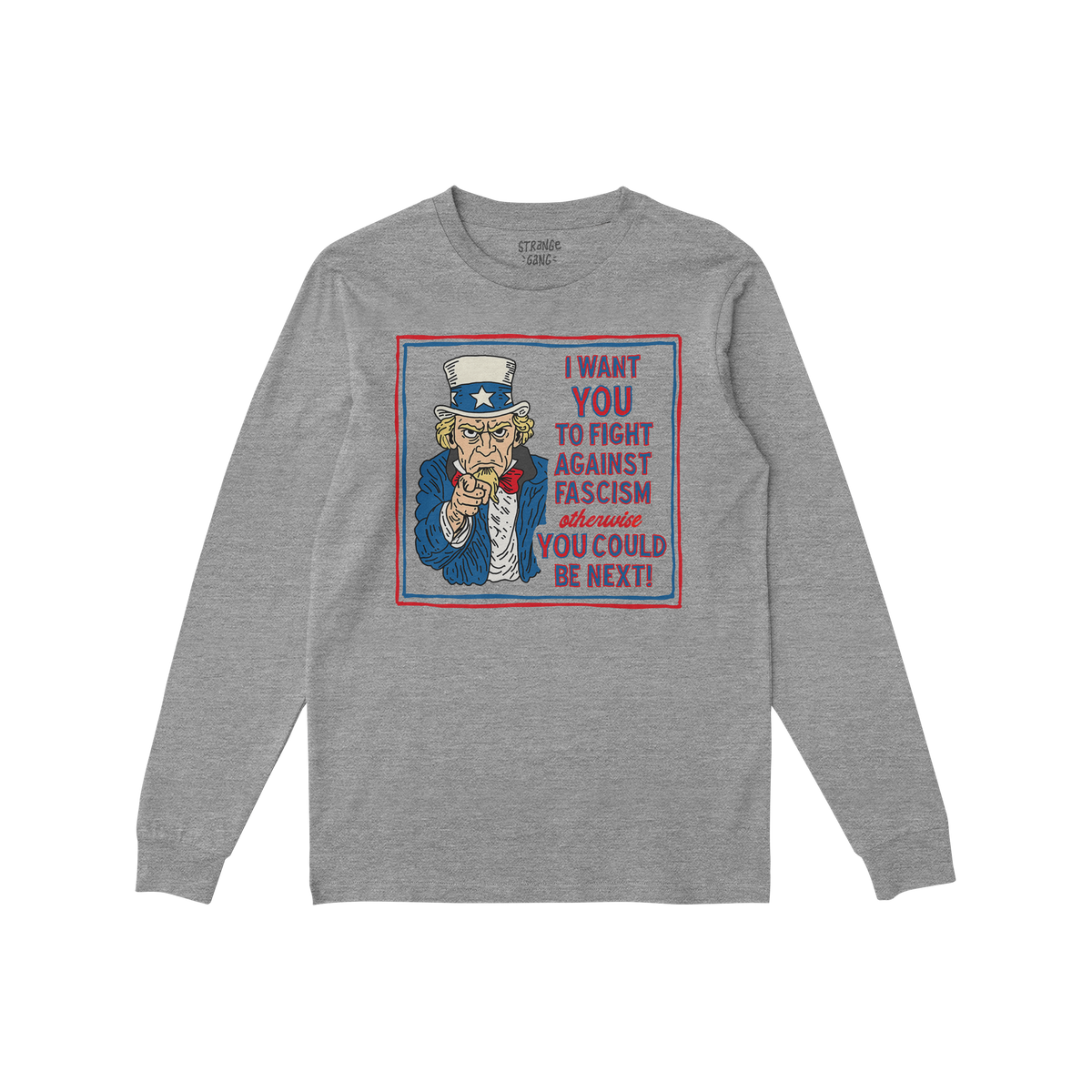 Anti Fascist Uncle Sam Shirt featuring a heather-gray long-sleeve design with a vintage-style Uncle Sam poster graphic, urgin