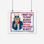 Anti-Fascist Uncle Sam Poster features a stern Uncle Sam pointing, urging action against fascism with bold red and blue text. Ideal for those challenging authoritarianism. Matte finish, 16x20.