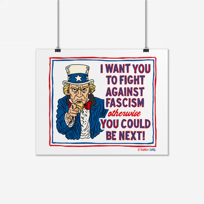 Anti-Fascist Uncle Sam Poster features a stern Uncle Sam pointing, urging action against fascism with bold red and blue text. Ideal for those challenging authoritarianism. Matte finish, 16x20.