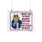 Anti-Fascist Uncle Sam Poster features a stern Uncle Sam pointing, urging action against fascism with bold red and blue text.